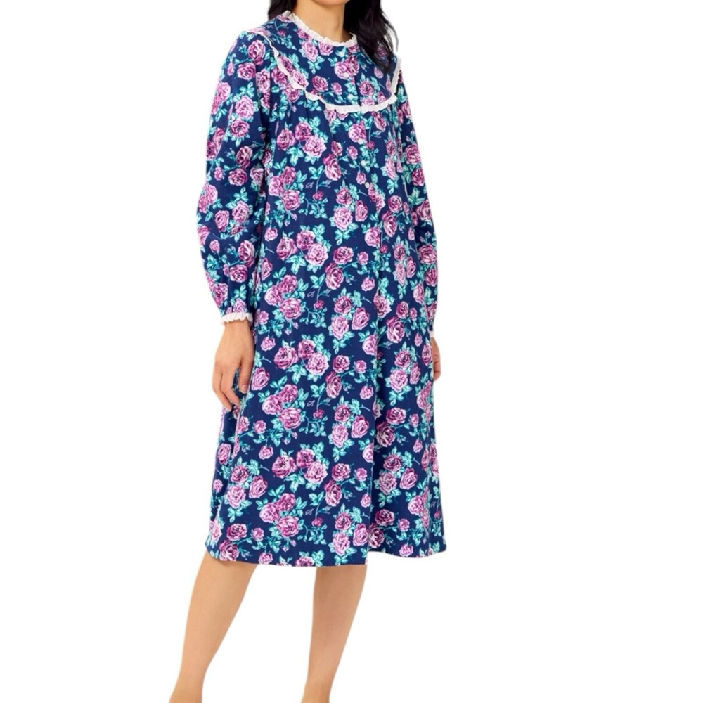 Lanz of Salzburg Nightgown Womens L Blue Pink Rose Floral Cotton Flannel Lace